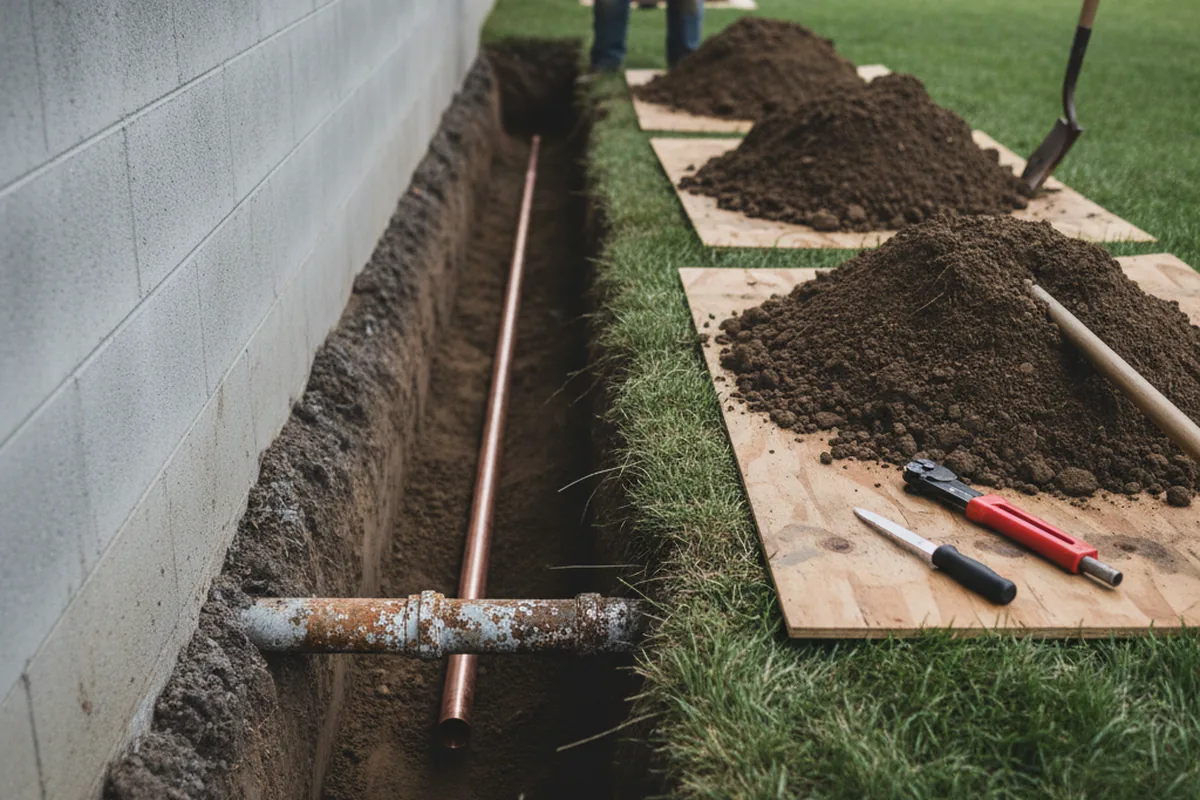 Excavated water line trench during Water Softener Installation in Tremonton